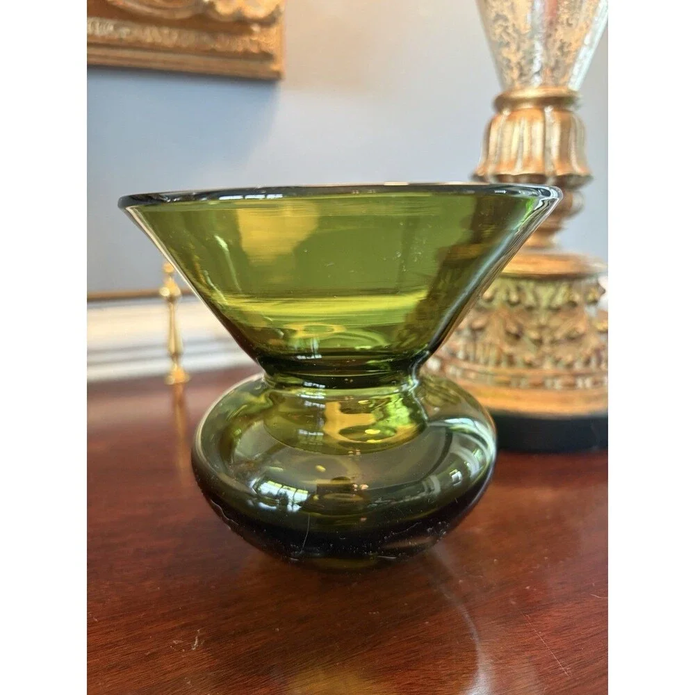 Vintage Mid-Century Modern Hand Blown Glass Vase Dark Green Flared Rim